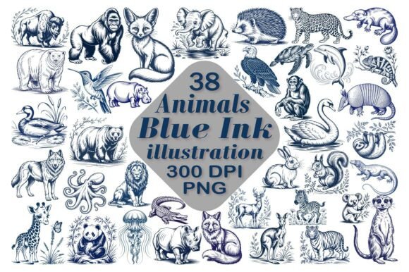 Download Animals Blue Ink Illustrations PNG - Premium Resources