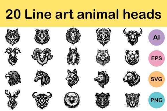 Download 20 Line Art Animal Heads - Premium Resources